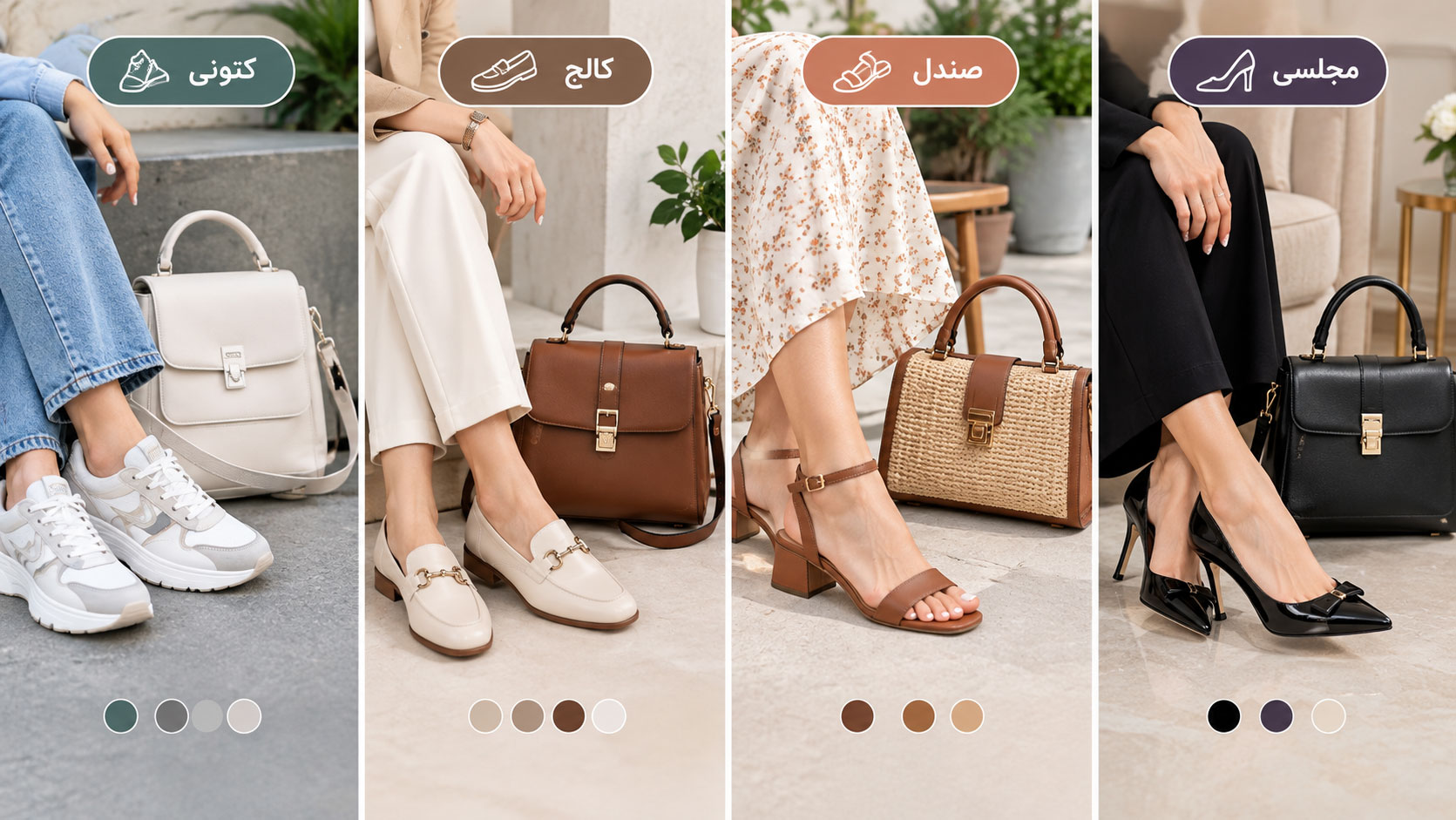 نمونه انتخاب کیف مناسب برای کتونی، کالج، صندل و کفش مجلسی
